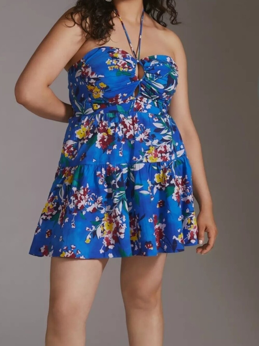 Anthropologie Emily Blue Floral Halter Mini Dress L Romantic Boho